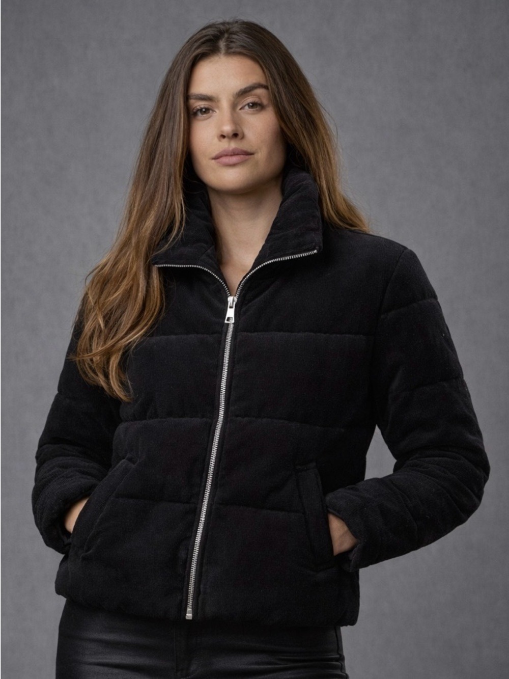 Ambiance Black Corduroy Puffer Jacket Zip Up Coat Size M
